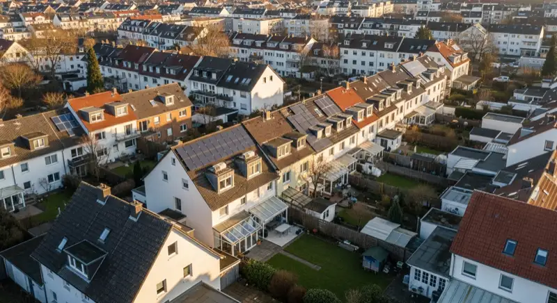 Aerial drone view of typical German residential neighborhood with mixed roof types, red and dark roof tiles, gardens visible, sunny day