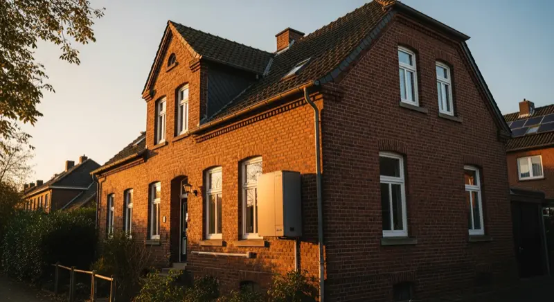 Wärmepumpe vor einem Duisburger Einfamilienhaus im Ruhrgebiet, moderne Luft-Wasser-Wärmepumpe im Garten