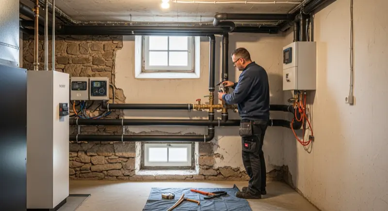 Eigenheimbesitzer prüft Energiekosten auf Tablet, modernes Wohnzimmer