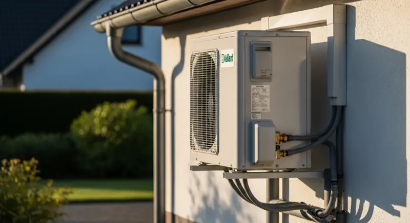 Typisches Ruhrgebiet-Backsteinhaus in Duisburg mit moderner Wärmepumpe an der Seitenwand