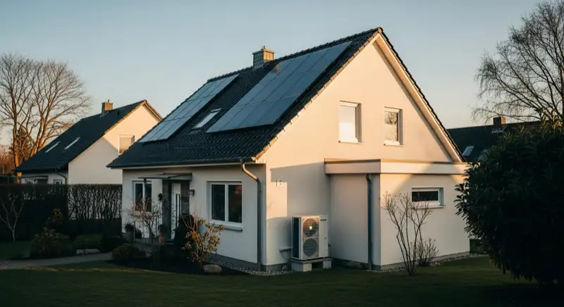 Einfamilienhaus in Eberswalde-Westend mit Dachfläche und Wärmepumpen-Außeneinheit