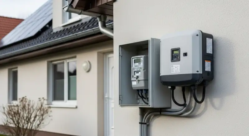 Modern German electrical meter cabinet (Zählerschrank) with smart meter and solar inverter connection, clean technical installation