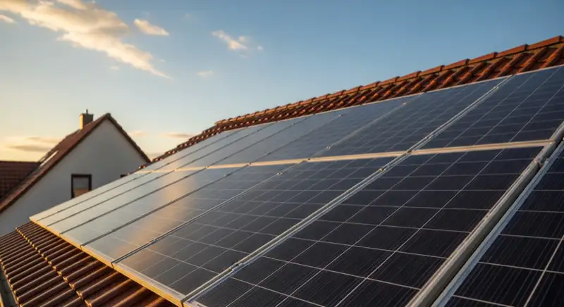 Close-up of photovoltaic solar panels installed on a traditional German Satteldach (gabled roof), blue sky with some clouds