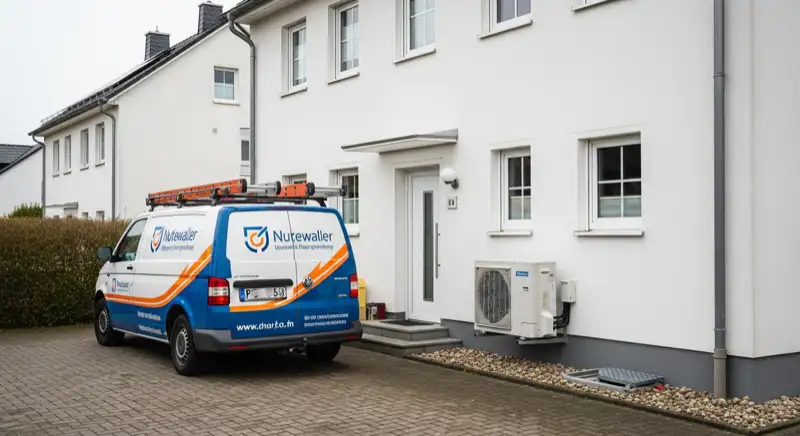 Installateurfahrzeug vor Wohnhaus in Eberswalde mit sichtbarer Wärmepumpen-Außeneinheit