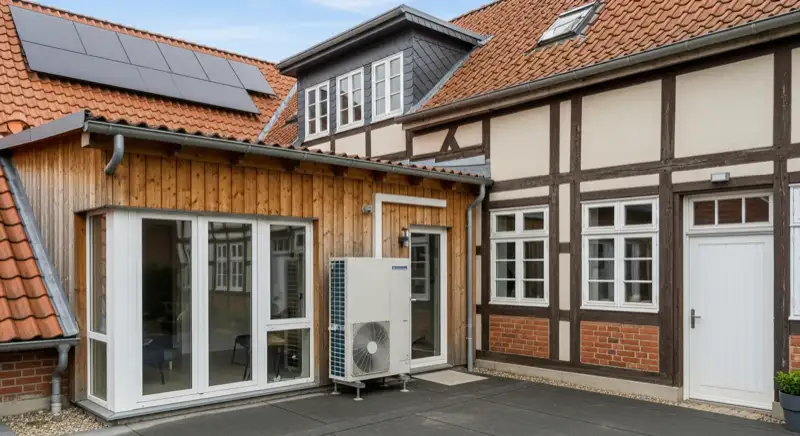 Wärmepumpen-Installation an einem Altbau in Emden mit Außengerät im Innenhof