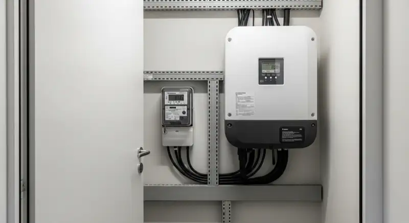 Modern German electrical meter cabinet (Zählerschrank) with smart meter and solar inverter connection, clean technical installation