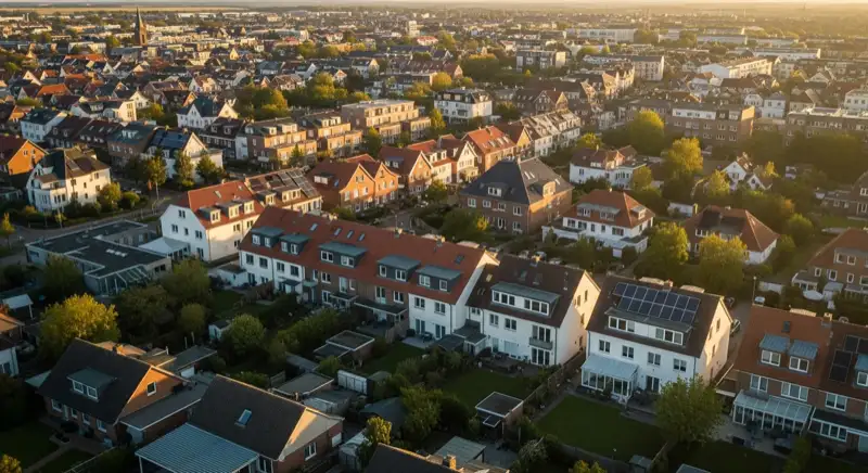 Aerial drone view of typical German residential neighborhood with mixed roof types, red and dark roof tiles, gardens visible, sunny day