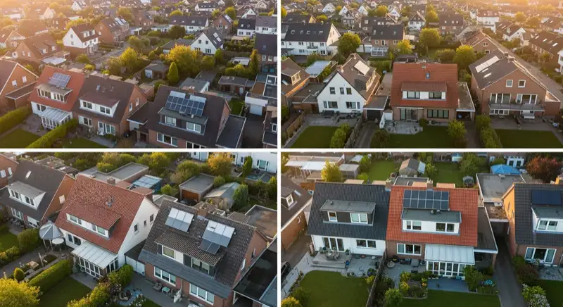 Aerial drone view of typical German residential neighborhood with mixed roof types, red and dark roof tiles, gardens visible, sunny day