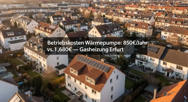 Aerial drone view of typical German residential neighborhood with mixed roof types, red and dark roof tiles, gardens visible, sunny day