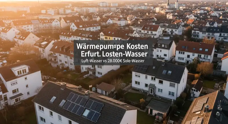 Aerial drone view of typical German residential neighborhood with mixed roof types, red and dark roof tiles, gardens visible, sunny day