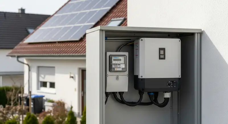 Modern German electrical meter cabinet (Zählerschrank) with smart meter and solar inverter connection, clean technical installation