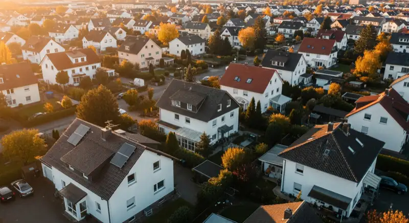 Aerial drone view of typical German residential neighborhood with mixed roof types, red and dark roof tiles, gardens visible, sunny day