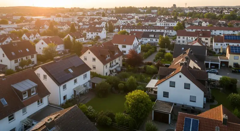 Aerial drone view of typical German residential neighborhood with mixed roof types, red and dark roof tiles, gardens visible, sunny day
