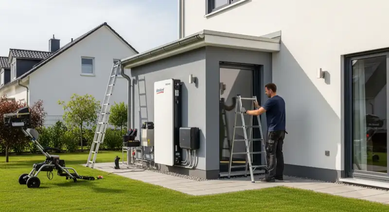 Wärmepumpen-Installation an Einfamilienhaus in Erkelenz mit Installateur bei der Montage der Außeneinheit