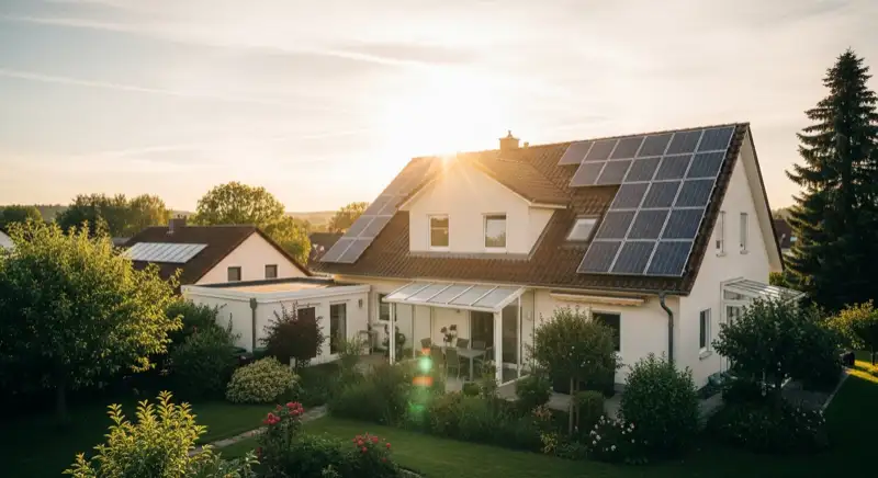 German detached house (Einfamilienhaus) with photovoltaic panels on pitched roof, well-maintained garden, warm afternoon sunlight