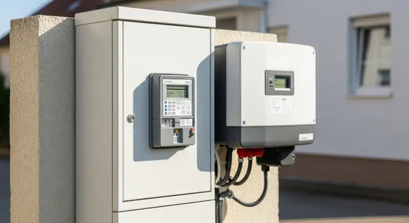 Modern German electrical meter cabinet (Zählerschrank) with smart meter and solar inverter connection, clean technical installation