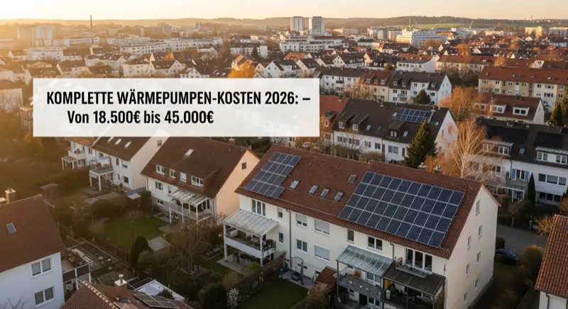 Aerial drone view of typical German residential neighborhood with mixed roof types, red and dark roof tiles, gardens visible, sunny day