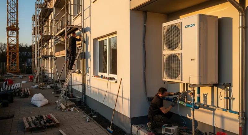 Wärmepumpe-Installation an einem Essener Mehrfamilienhaus, Handwerker bei der Arbeit