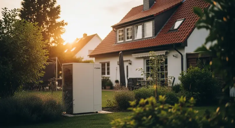 Wärmepumpe an typischem Essener Zechenhaus mit Backsteinfassade im Ruhrgebiet