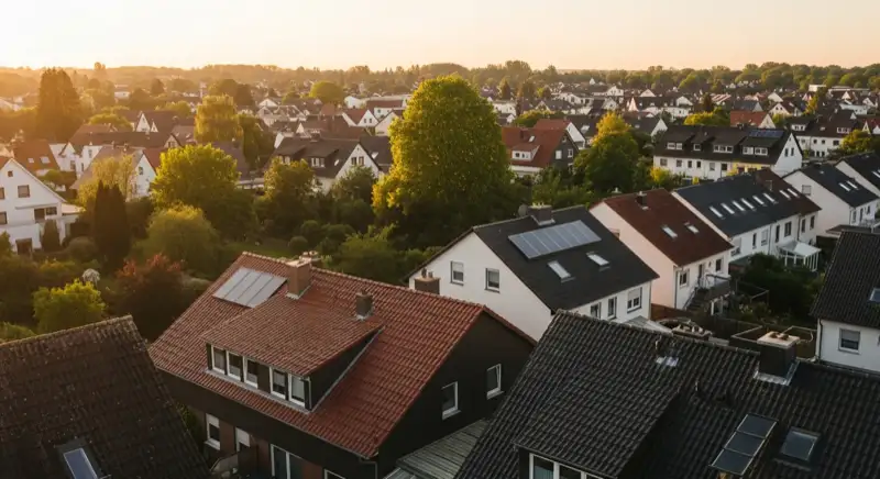 Aerial drone view of typical German residential neighborhood with mixed roof types, red and dark roof tiles, gardens visible, sunny day