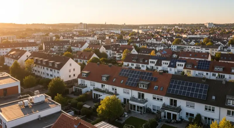 Aerial drone view of typical German residential neighborhood with mixed roof types, red and dark roof tiles, gardens visible, sunny day