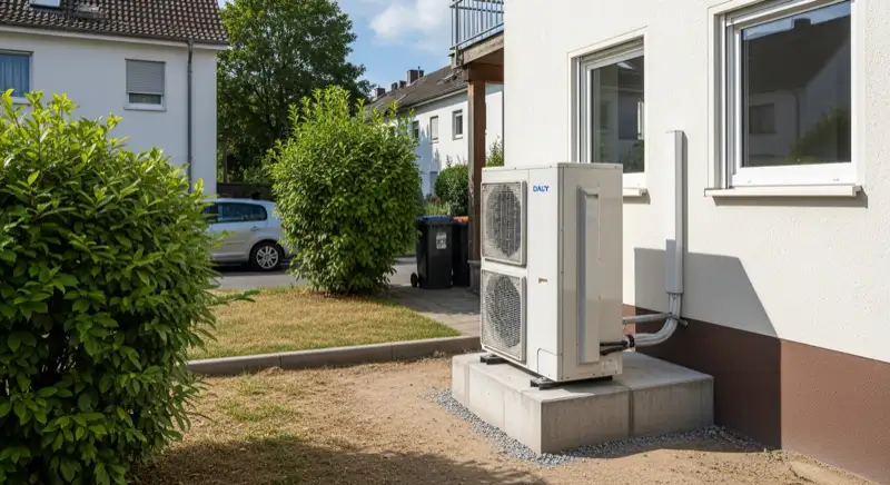 Installation einer Wärmepumpen-Außeneinheit auf Betonfundament in Essen