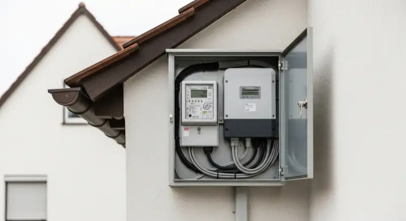 Modern German electrical meter cabinet (Zählerschrank) with smart meter and solar inverter connection, clean technical installation