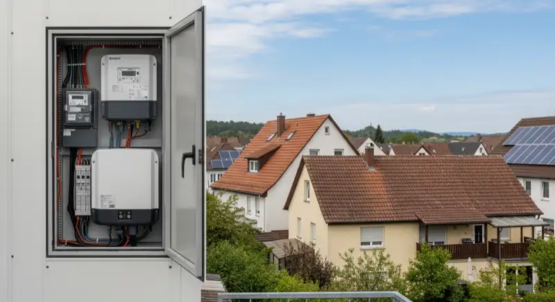 Modern German electrical meter cabinet (Zählerschrank) with smart meter and solar inverter connection, clean technical installation