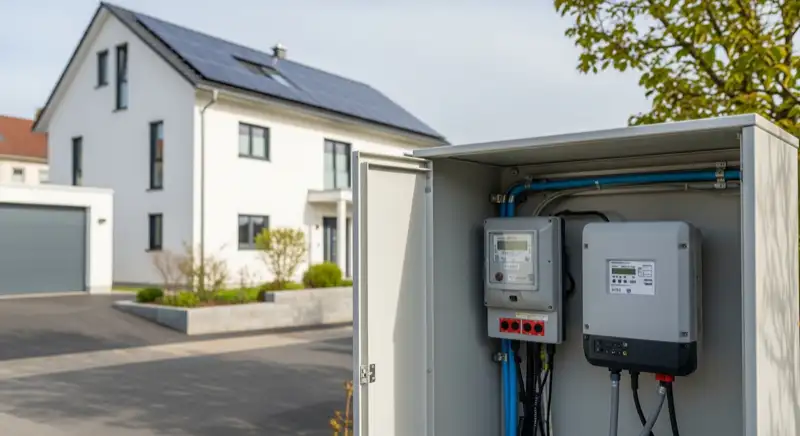 Modern German electrical meter cabinet (Zählerschrank) with smart meter and solar inverter connection, clean technical installation