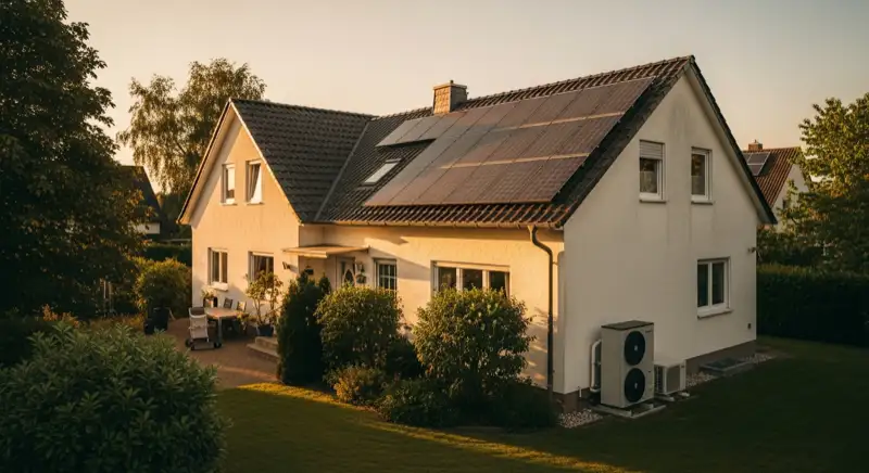 German detached house (Einfamilienhaus) with photovoltaic panels on pitched roof, well-maintained garden, warm afternoon sunlight