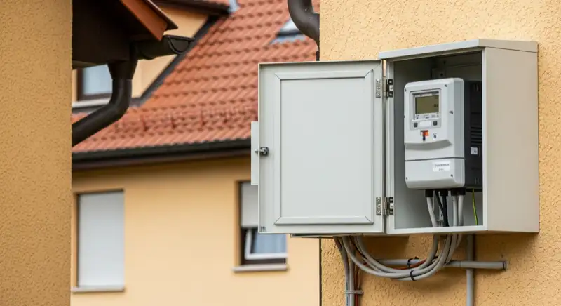 Modern German electrical meter cabinet (Zählerschrank) with smart meter and solar inverter connection, clean technical installation