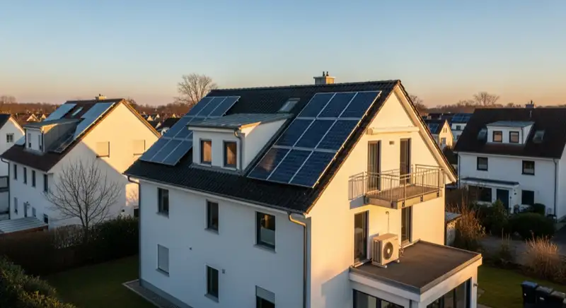 Euskirchener Einfamilienhaus mit Photovoltaik-Anlage auf dem Dach und Wärmepumpen-Außeneinheit im Garten