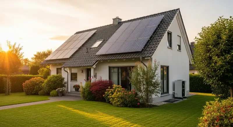 German detached house (Einfamilienhaus) with photovoltaic panels on pitched roof, well-maintained garden, warm afternoon sunlight