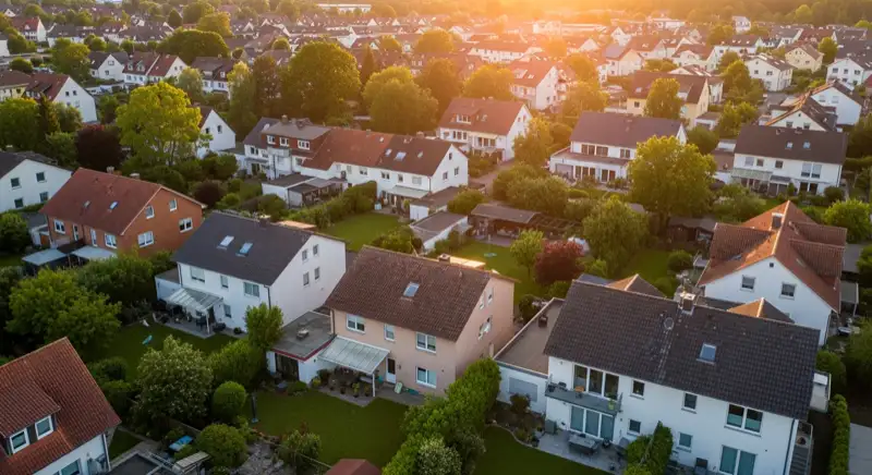 Aerial drone view of typical German residential neighborhood with mixed roof types, red and dark roof tiles, gardens visible, sunny day