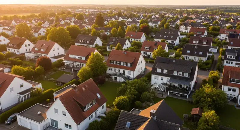 Aerial drone view of typical German residential neighborhood with mixed roof types, red and dark roof tiles, gardens visible, sunny day