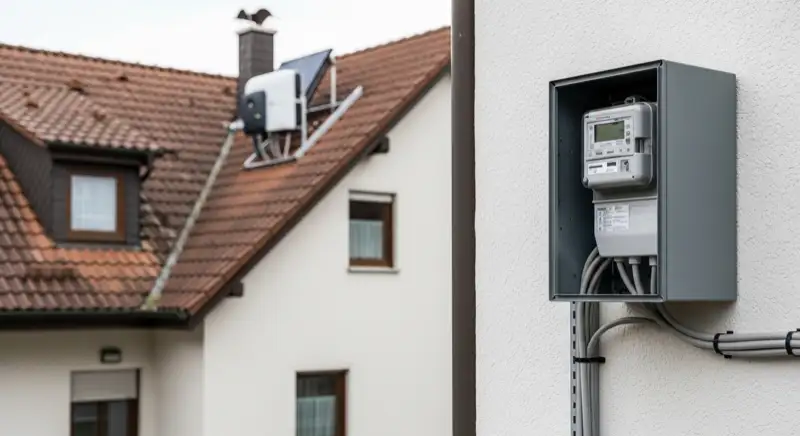 Modern German electrical meter cabinet (Zählerschrank) with smart meter and solar inverter connection, clean technical installation