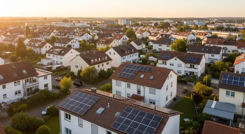 Aerial drone view of typical German residential neighborhood with mixed roof types, red and dark roof tiles, gardens visible, sunny day