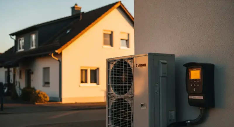 Wärmepumpen-Außeneinheit mit Smart Meter und digitaler Anzeige vor Fellbacher Einfamilienhaus