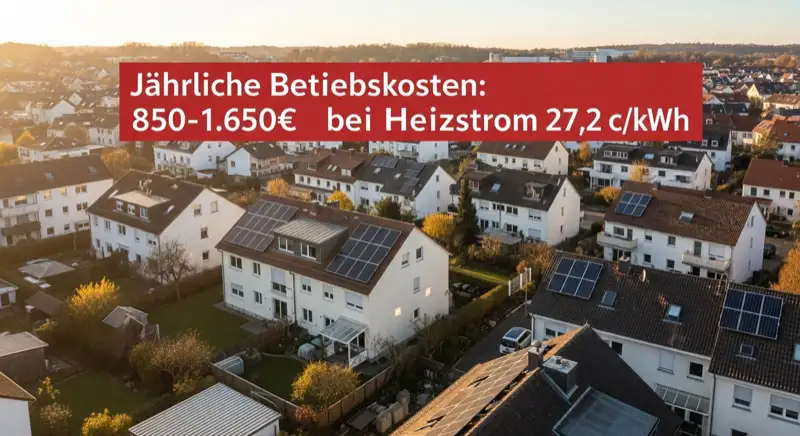 Aerial drone view of typical German residential neighborhood with mixed roof types, red and dark roof tiles, gardens visible, sunny day