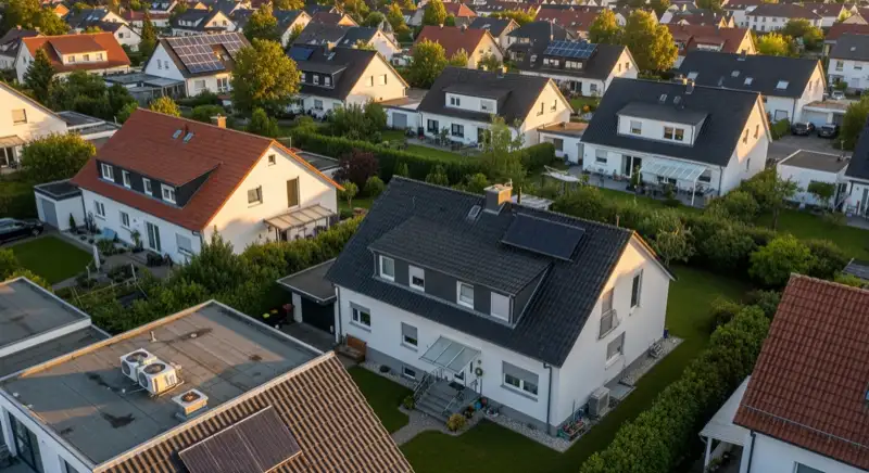 Aerial drone view of typical German residential neighborhood with mixed roof types, red and dark roof tiles, gardens visible, sunny day