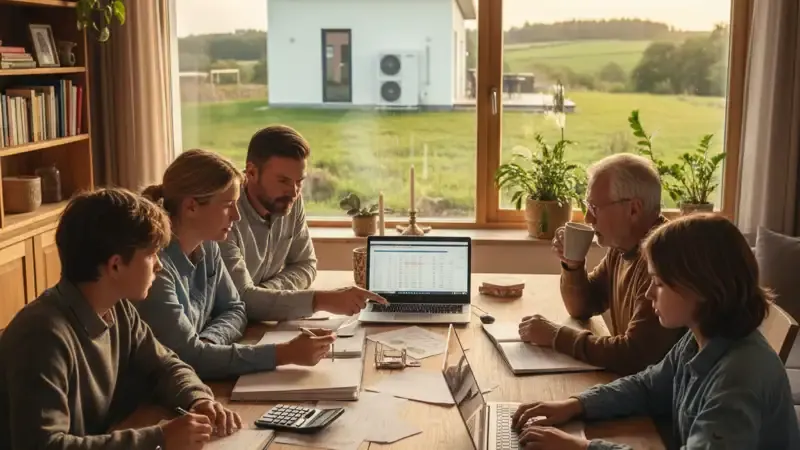 Wärmepumpe an einem Flensburger Altbau mit Förde-Panorama im Hintergrund, moderne Luft-Wasser-Wärmepumpe