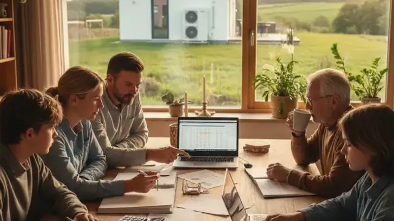 Energieberater mit Kostenaufstellung für Wärmepumpen in Flensburg, Laptop und Dokumente auf dem Schreibtisch