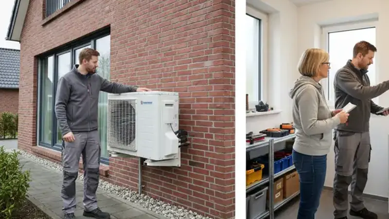 Verschiedene Wärmepumpen-Typen vor einem Flensburger Wohngebiet, Luft- Sole- und Wasser-Wärmepumpe im Vergleich