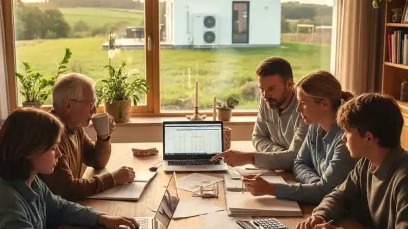 Fachbetrieb bei der Wärmepumpen-Installation an einem Flensburger Reihenhaus, Monteure bei der Arbeit