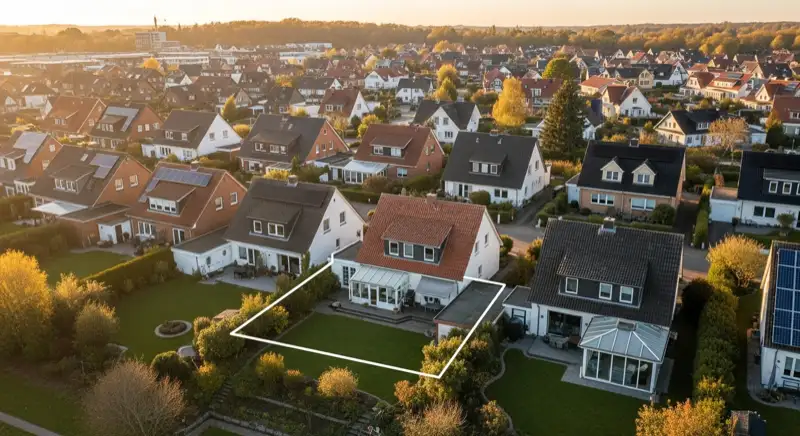 Aerial drone view of typical German residential neighborhood with mixed roof types, red and dark roof tiles, gardens visible, sunny day