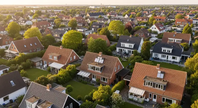 Aerial drone view of typical German residential neighborhood with mixed roof types, red and dark roof tiles, gardens visible, sunny day
