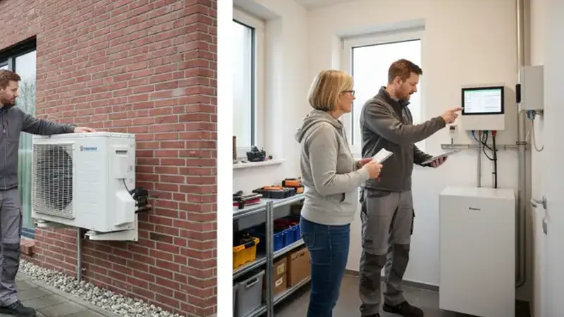 Förderberatung für Wärmepumpen in Flensburg, Berater erklärt BAFA-Formulare einem Hauseigentümer