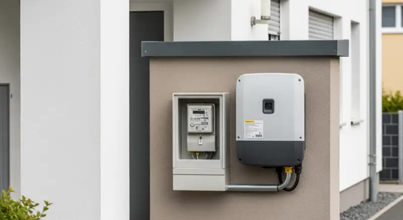 Modern German electrical meter cabinet (Zählerschrank) with smart meter and solar inverter connection, clean technical installation