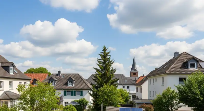 Aerial drone view of typical German residential neighborhood with mixed roof types, red and dark roof tiles, gardens visible, sunny day