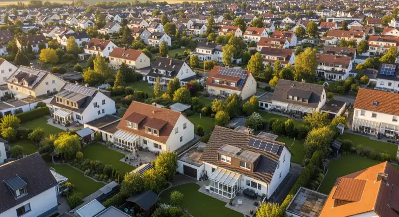 Aerial drone view of typical German residential neighborhood with mixed roof types, red and dark roof tiles, gardens visible, sunny day